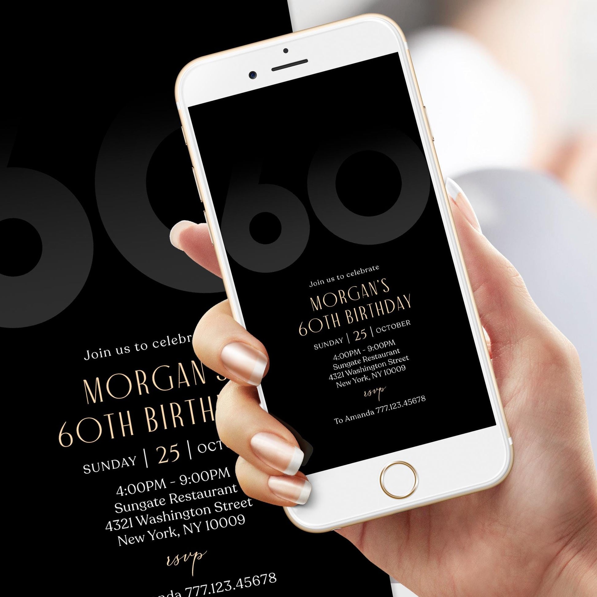 Digital Black 60th Sixty Birthday Invitation Template, Electronic Mobile Invite for Him, Phone Black Elegant Invitation, Text Message Evite