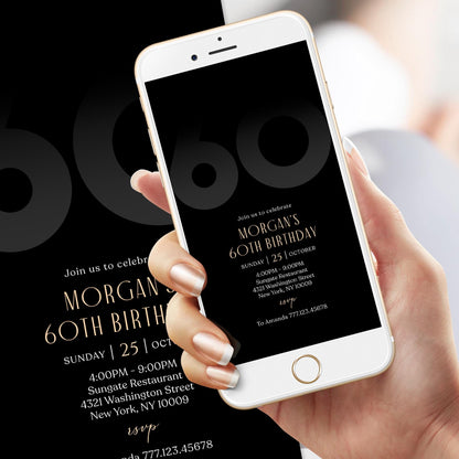 Digital Black 60th Sixty Birthday Invitation Template, Electronic Mobile Invite for Him, Phone Black Elegant Invitation, Text Message Evite