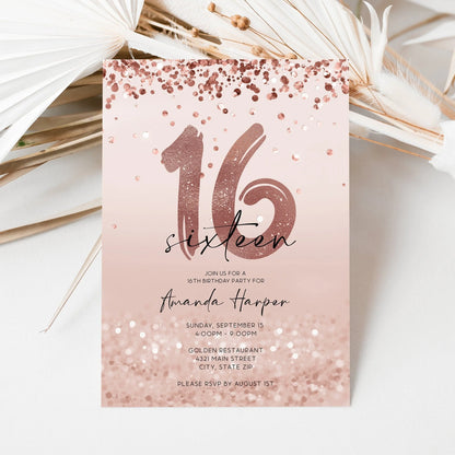 Printable 16th Sixteen Birthday Invitation Template, Rose Gold Foil Confetti Girl Party Editable Invite, Digital Evite, Email Text Message