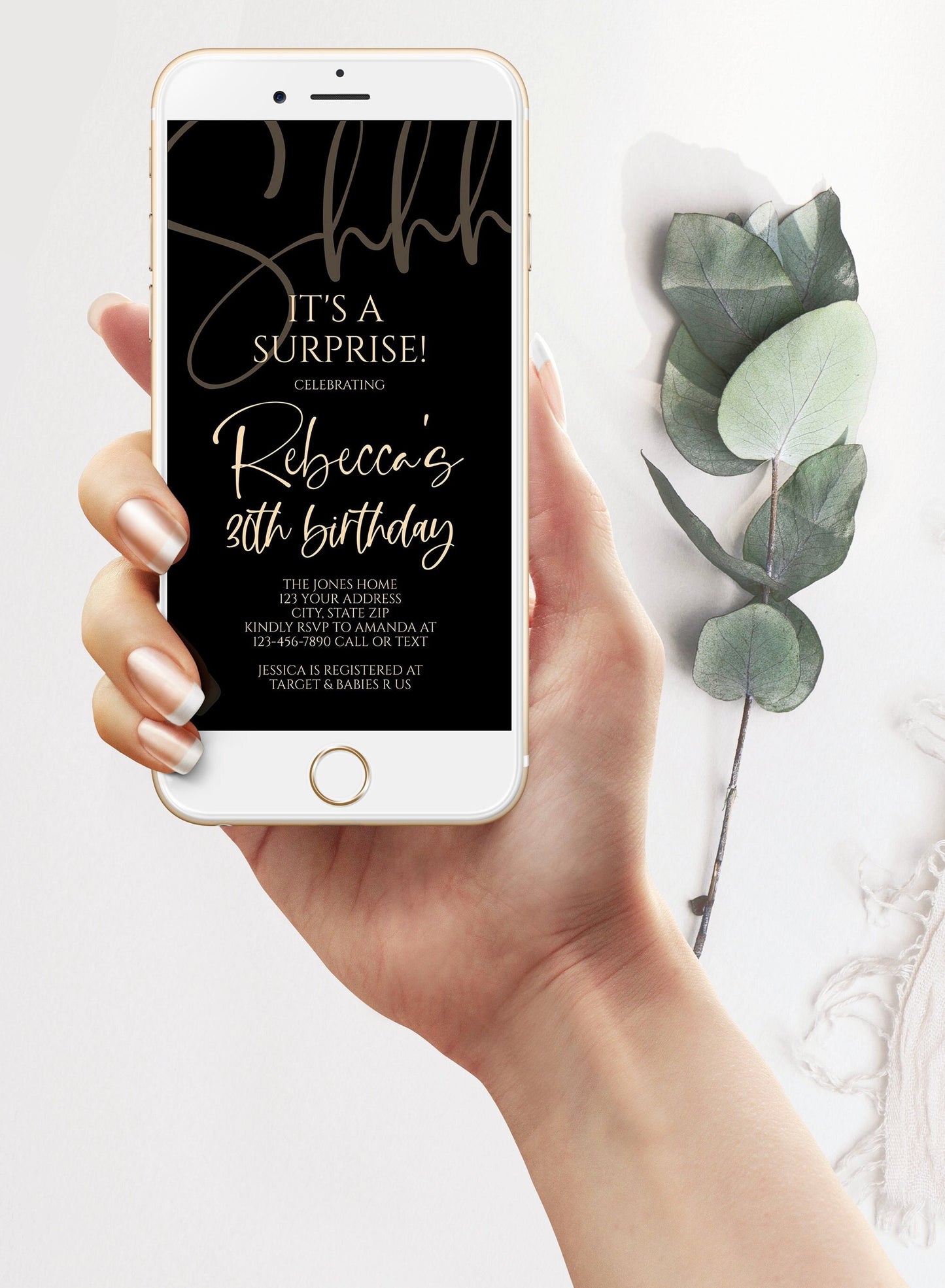 Black Gold Shhh it's a surprise Electronic 30th birthday text invitation template, Any Age editable diy invite, Message invite, Phone Evite