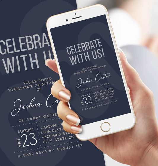 Minimal Navy Mens Birthday Invite, Custom Digital Mobile Text Message, Editable Text Invitation Template, DIY Electronic 60th Birthday Evite