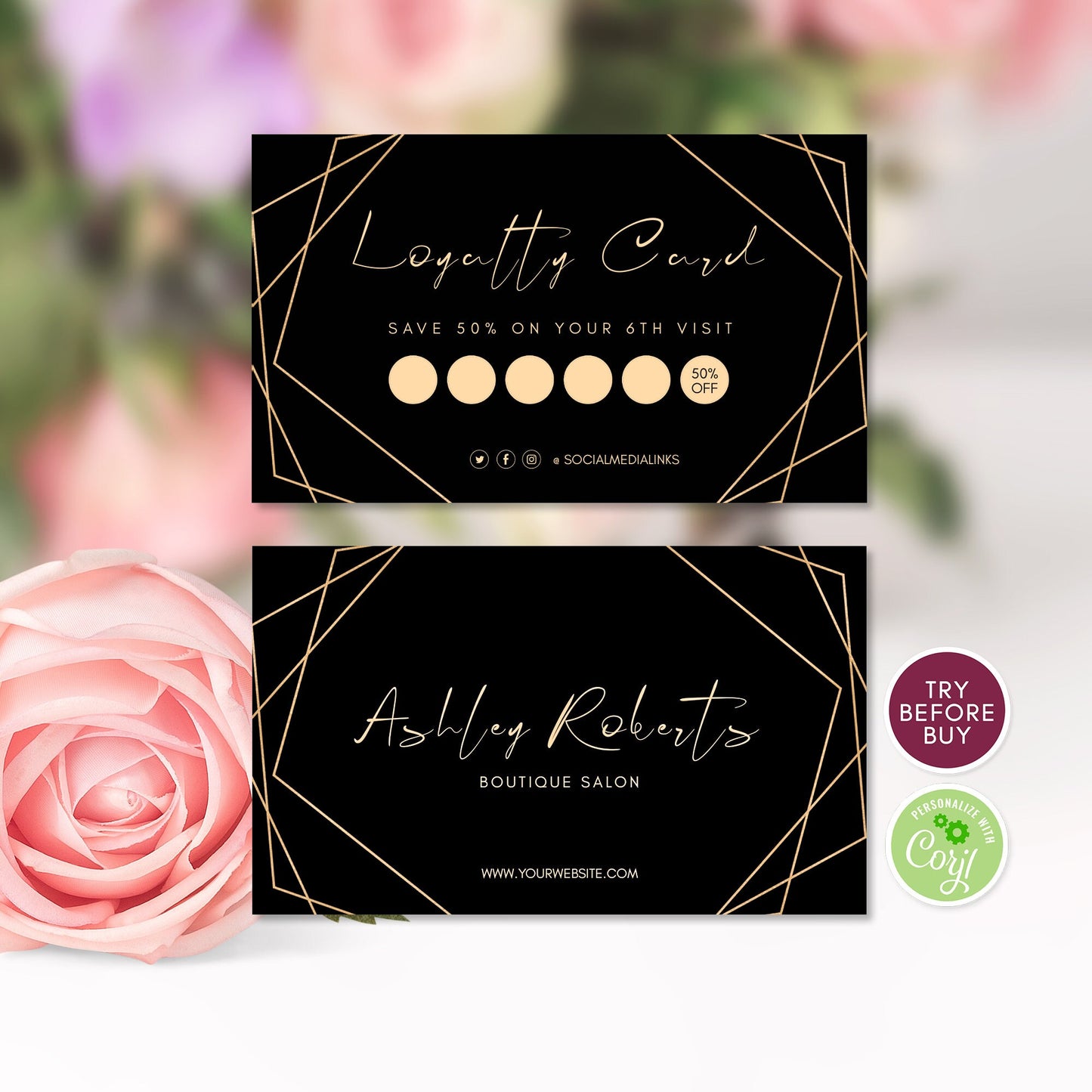 Luxury Loyalty Card, Editable Modern Black & Gold Geometric Card, Business, Instant Download, Customer Loyalty Card, Reward Card Template