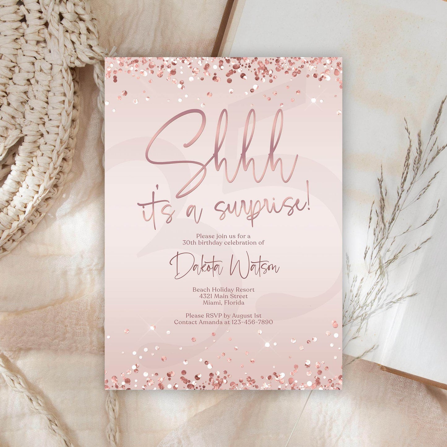 Surprise Party Invitation Template | Pink Rose Gold “Shhh... It’s a Surprise” Editable Birthday Invite | Any Age Digital Evite | Instant Download