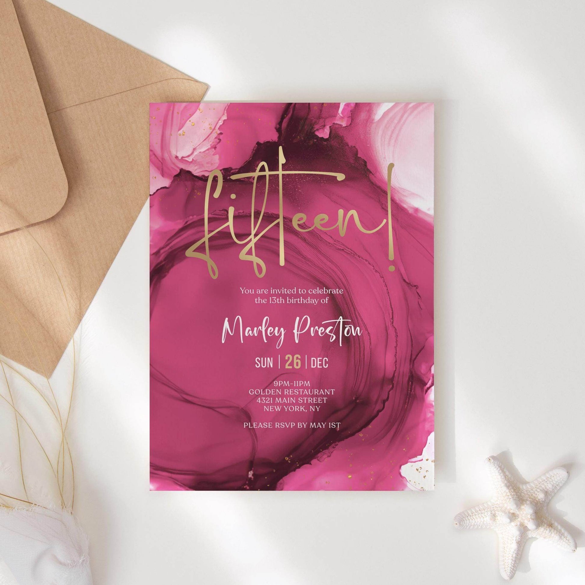 Fuchsia Pink Gold 15th Birthday Invitation Template, Printable Girl Birthday Dinner Invite, Editable Pink Surprise Party Invitation