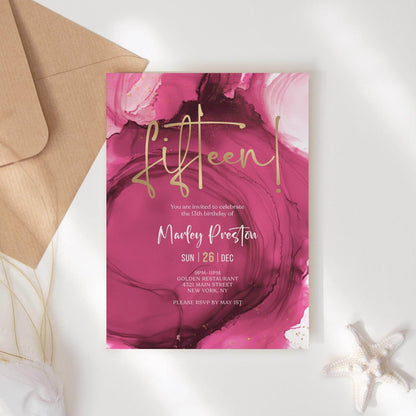 Fuchsia Pink Gold 15th Birthday Invitation Template, Printable Girl Birthday Dinner Invite, Editable Pink Surprise Party Invitation