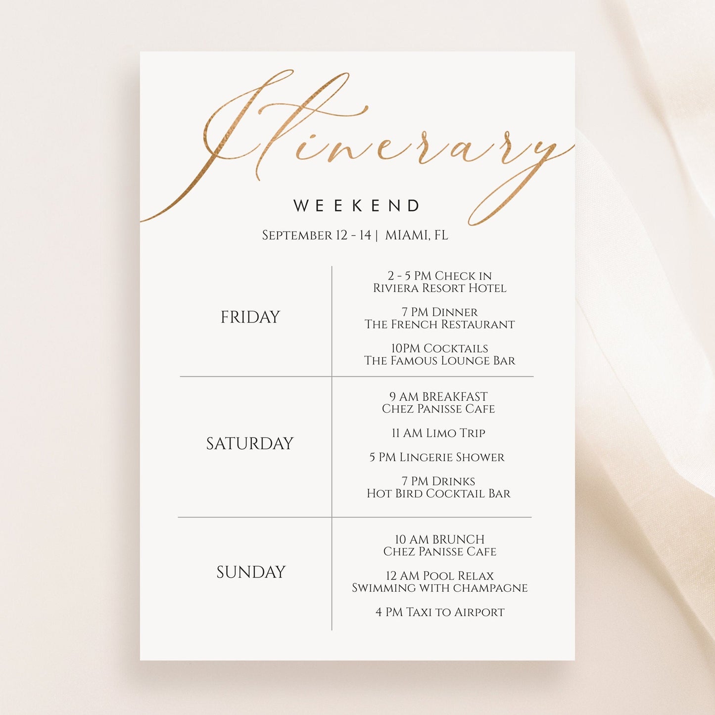 Gold Elegant Itinerary Template | Printable & Editable Weekend Schedule | Hens Party, Bachelorette, Birthday Weekend Planner | Instant Download