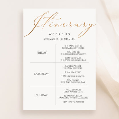 Gold Elegant Itinerary Template | Printable & Editable Weekend Schedule | Hens Party, Bachelorette, Birthday Weekend Planner | Instant Download
