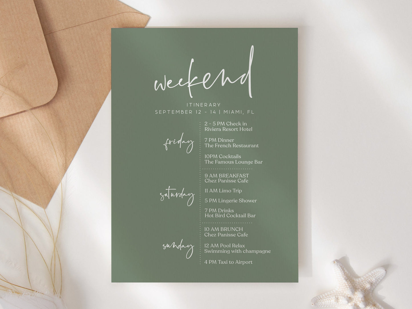 Printable Simple Itinerary Template, Sage Green Editable Hens Party Weekend Itinerary, Bachelorette, Minimalist Birthday Weekend Itinerary
