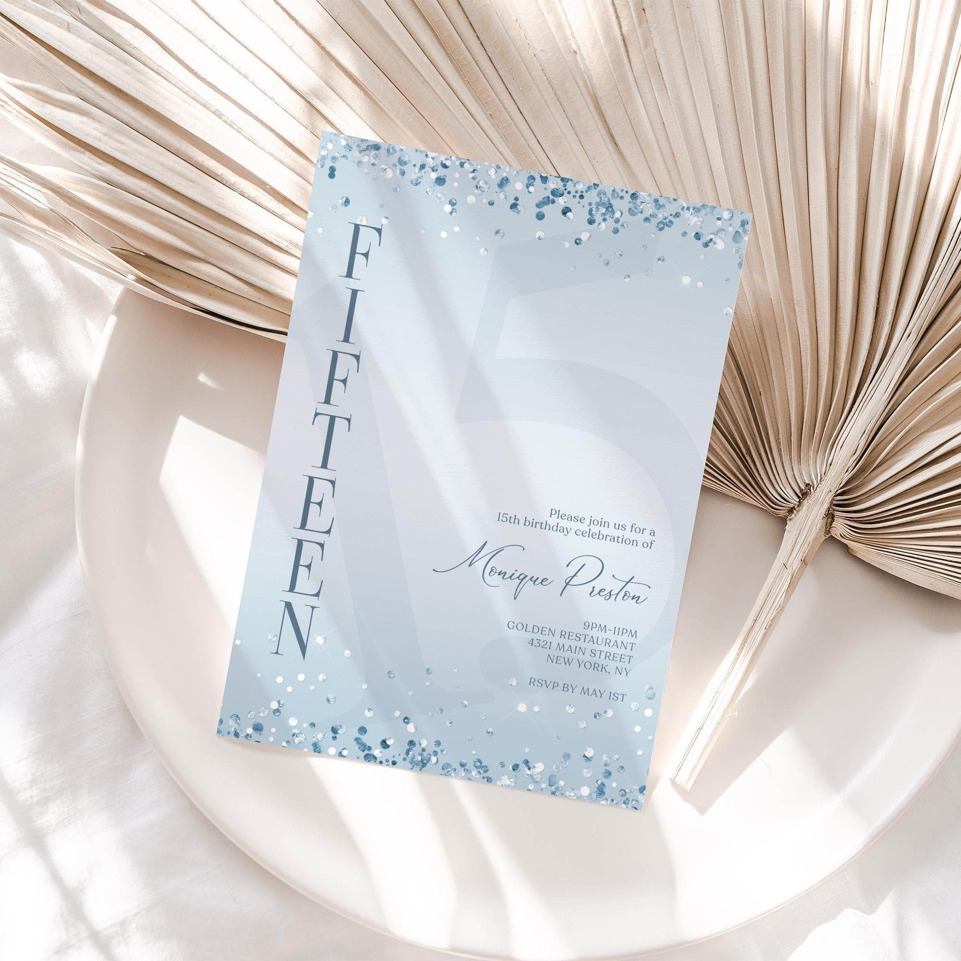 Editable Blue Confetti 15th Birthday Invitation – Printable Boy Birthday Invite | Surprise Party Template | Digital Text or Email Download | Blue & Silver Modern Design