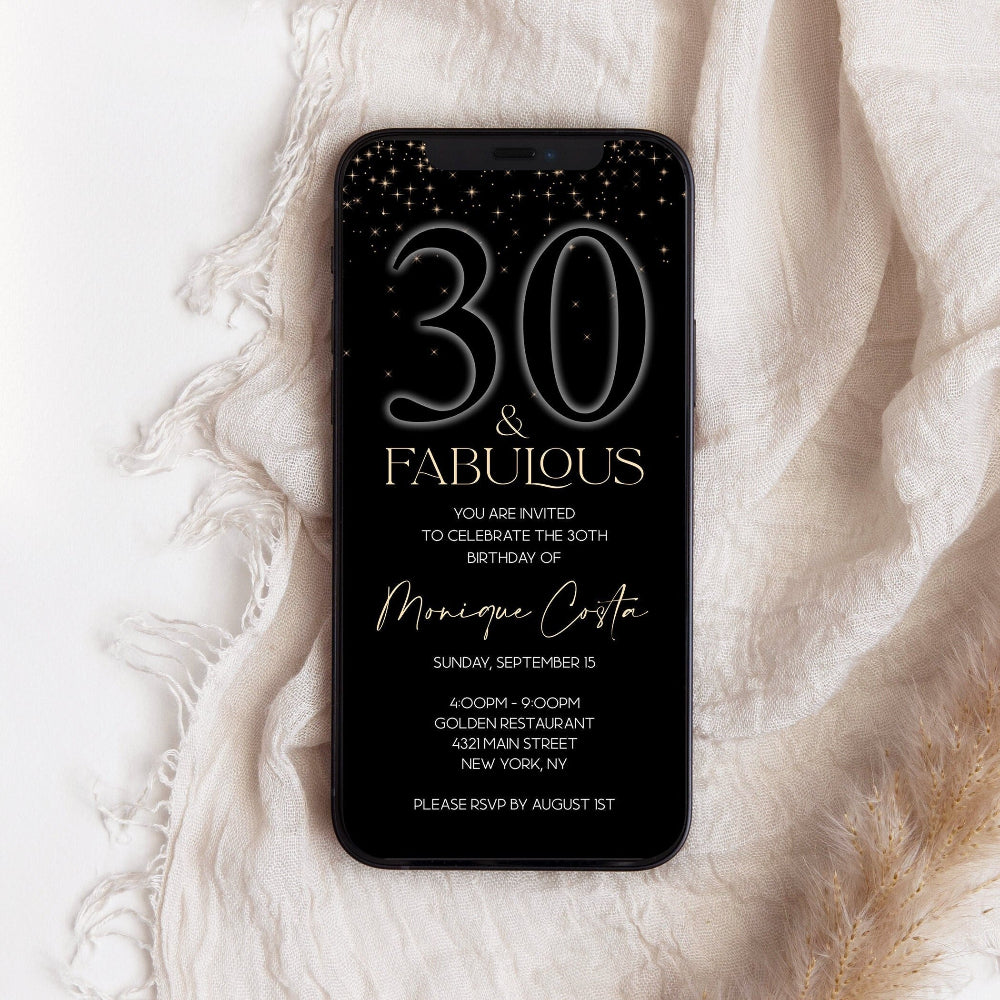 30th Birthday Digital Invitation | Black & Gold “Thirty & Fabulous” Evite | Editable Text Message Invite | Mobile Corjl Template