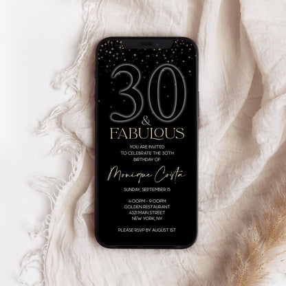 30th Birthday Digital Invitation | Black & Gold “Thirty & Fabulous” Evite | Editable Text Message Invite | Mobile Corjl Template