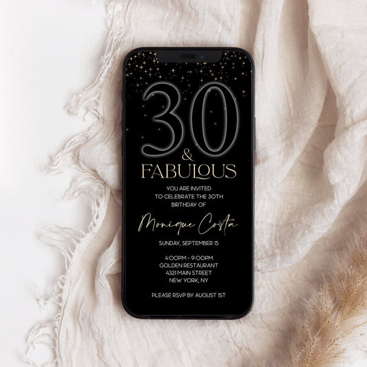 30th Birthday Digital Invitation | Black & Gold “Thirty & Fabulous” Evite | Editable Text Message Invite | Mobile Corjl Template