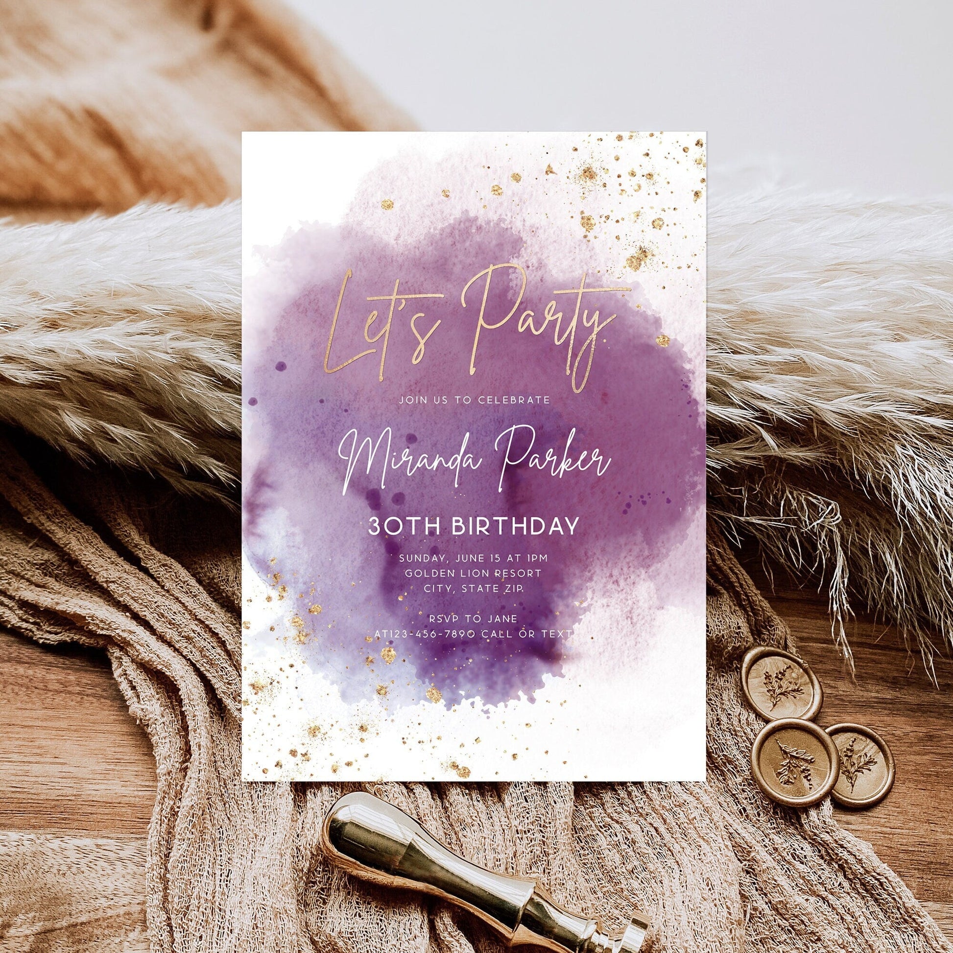 Let’s Party Purple and Gold Birthday Invitation | Editable Ladies Celebration Template | Printable Digital Party Invite | Gold Foil Text Message Evite