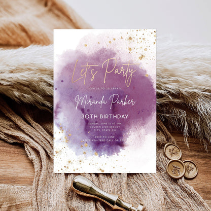 Let’s Party Purple and Gold Birthday Invitation | Editable Ladies Celebration Template | Printable Digital Party Invite | Gold Foil Text Message Evite