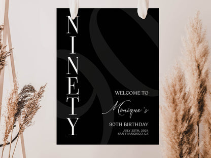 Simple Black 90th Ninety Birthday Welcome Sign Template, Printable Minimalist Birthday Welcome Sign, Editable Welcome Poster, Birthday Decor