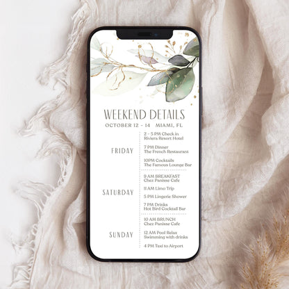 Greenery Electronic Weekend Itinerary Template, Editable Hens Party Weekend Details, Bachelorette, Simple Birthday Weekend, Modern Itinerary