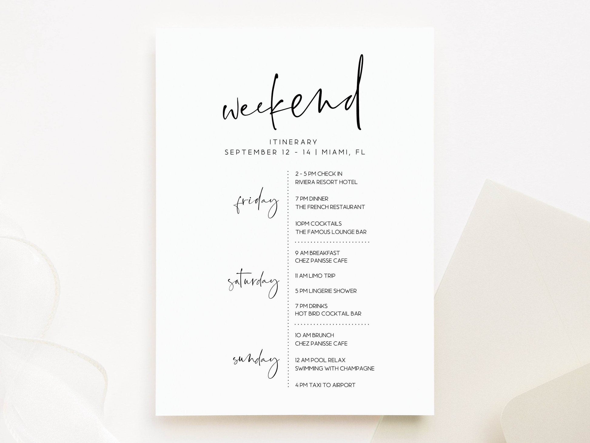 Simple Weekend Itinerary Template, Editable Minimalist Hen Party & Bachelorette Weekend Schedule, Printable Birthday Itinerary, Instant Download