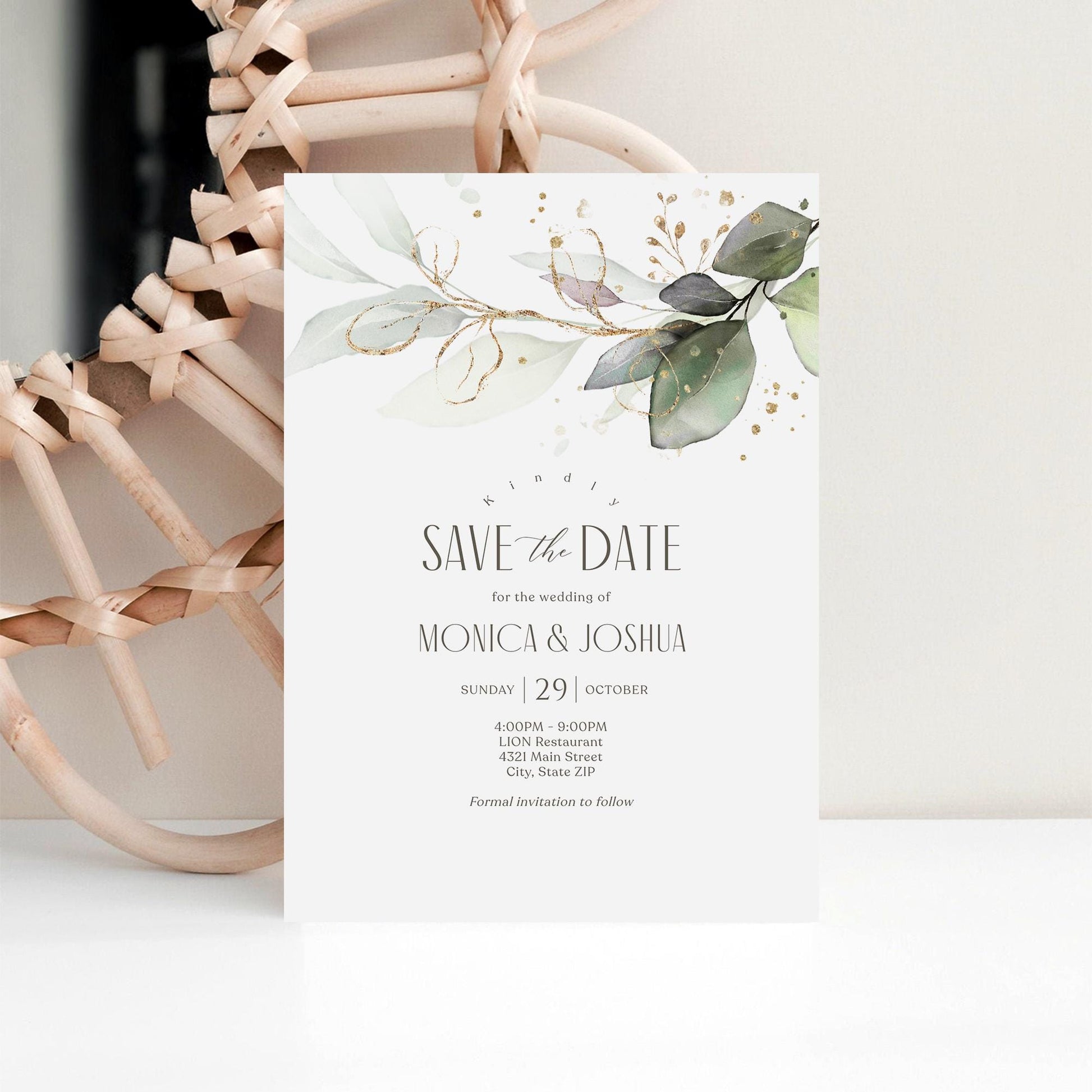 Kindly Save the Date Editable Invitation Card Template, Bohemian Greenery with Eucalyptus and Gold, Printable Elegant Wedding Invite Card