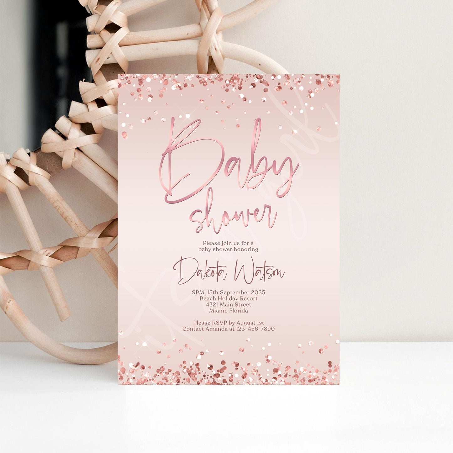 Printable Girl Baby Shower Invitation Template, Pink Rose Gold Confetti Baby Shower Invite, Editable Invitation, Digital Baby Shower Evite