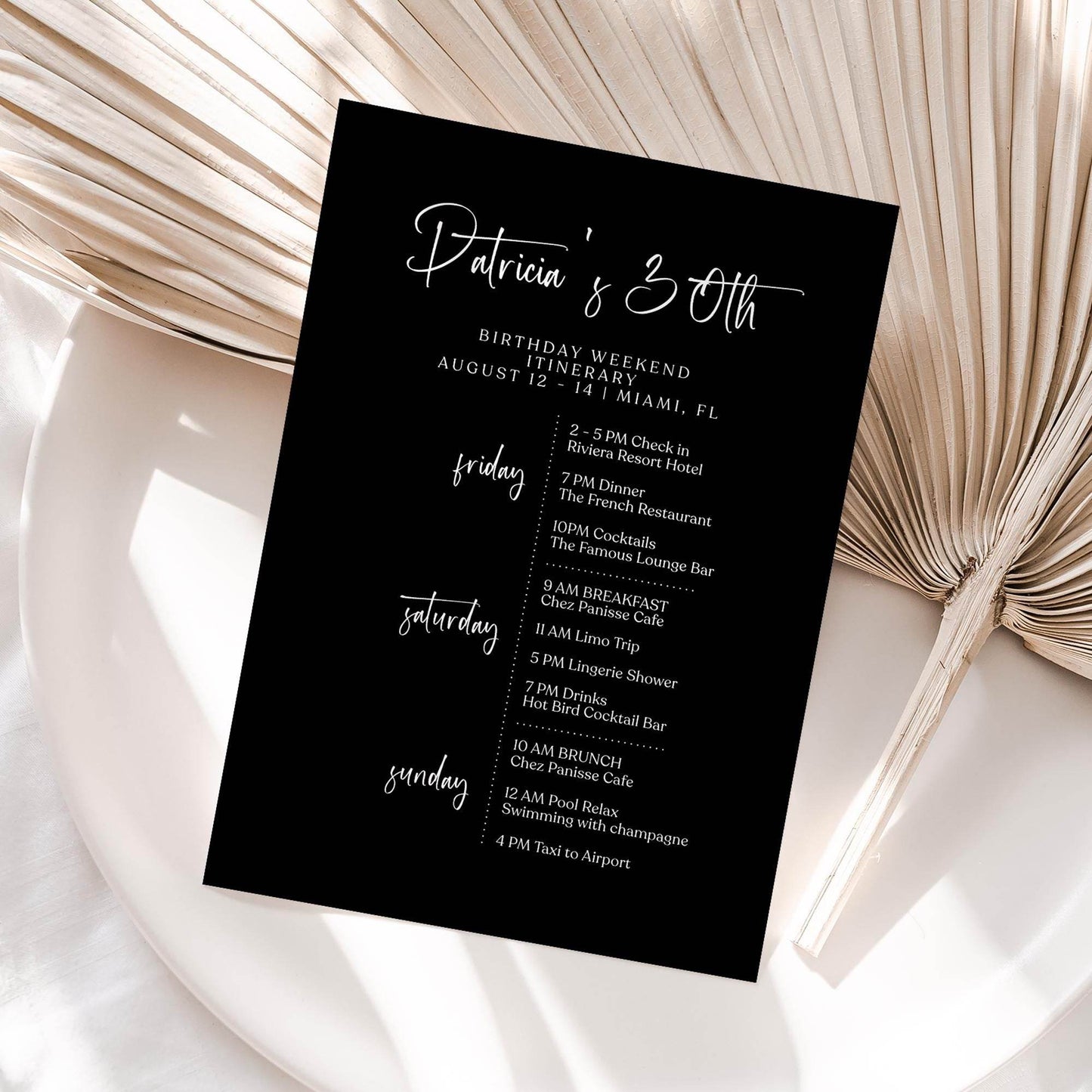 Printable Black Birthday Itinerary Template – Editable Minimalist Weekend Schedule – Digital Birthday Weekend Planner – Simple & Elegant Itinerary
