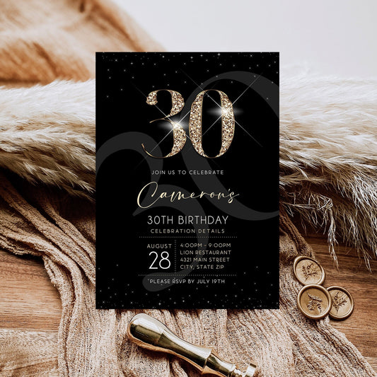 Black Gold Luxury 30th Thirty Birthday Invitation Template, Printable Men's Invite, Editable Invitation, Elegant Invite, Email Text Message