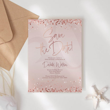 Save the Date Invitation Template | Editable Pink Rose Gold Birthday Invite | Any Age Digital Evite | Printable Text or Email Card | Instant Download