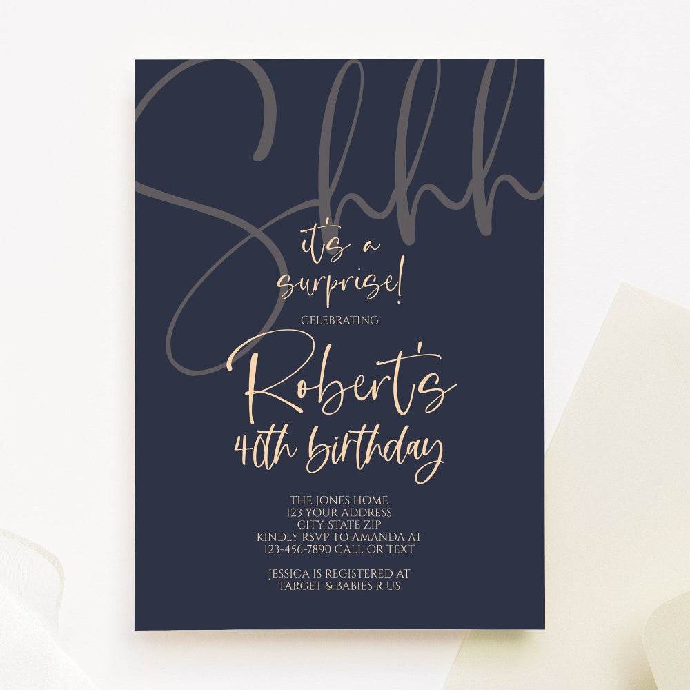 Navy Gold “Shhh… It’s a Surprise” 40th Birthday Invitation – Editable Printable & Digital Template | Text Message or Email Evite | Instant Download