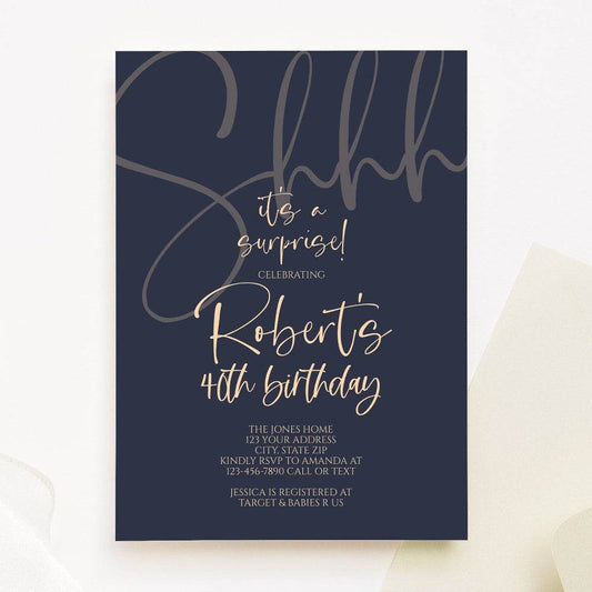 Navy Gold “Shhh… It’s a Surprise” 40th Birthday Invitation – Editable Printable & Digital Template | Text Message or Email Evite | Instant Download