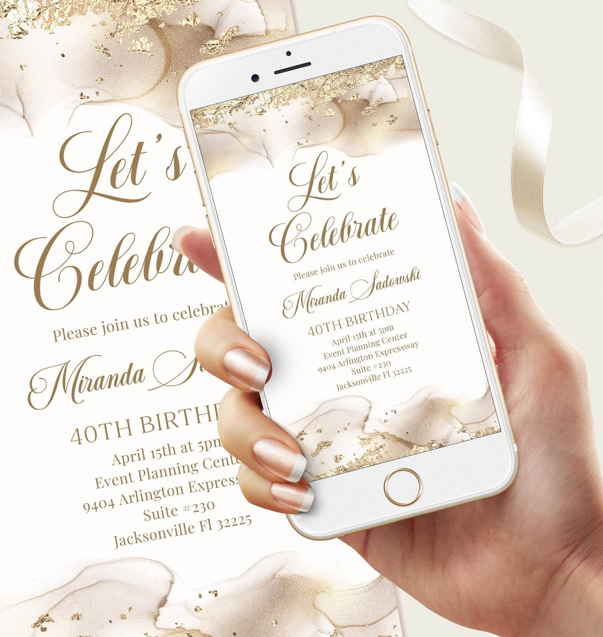 Digital Let's Celebrate White Gold Birthday Invitation, Any Age Editable Gold Glitter Party Invite, Text Message Evite Template