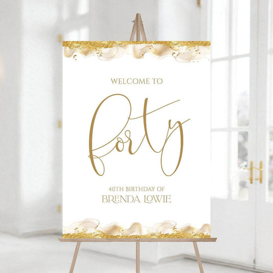 Gold Foil Glitter 40th Birthday Welcome Sign – Editable Printable Forty Birthday Party Sign – DIY Gold Welcome Poster Template – Instant Download
