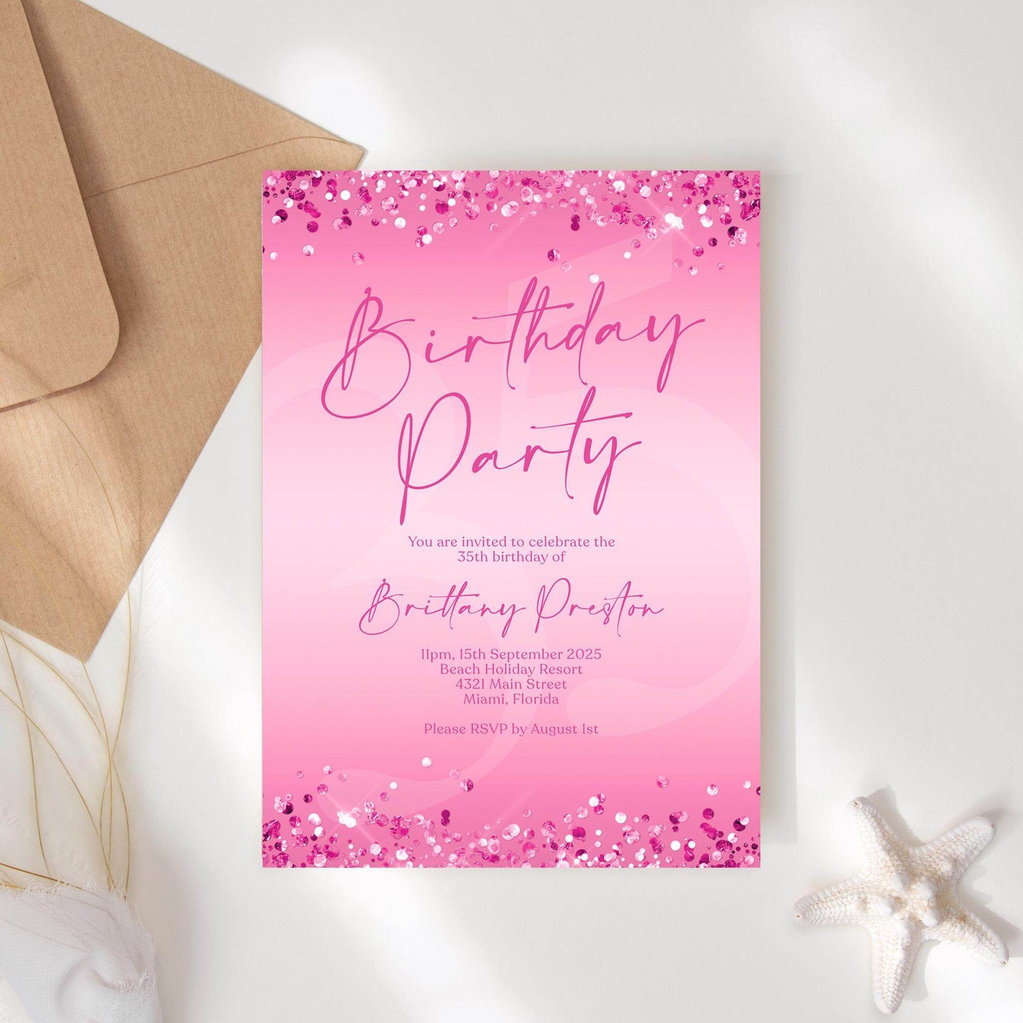 Fuchsia Pink Birthday Party Editable Invitation Template, Printable Birthday Invite, Ladies Email Text Message Invitation, Any Age Birthday