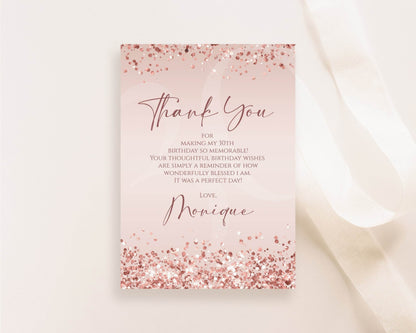 Rose Gold Birthday Thank You Card Template, Editable Foil Confetti Notecard, Printable Thank You Card, Anniversary, Instant Download