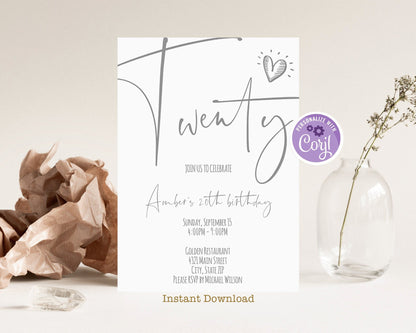 Simple 20th Birthday Invitation, INSTANT DOWNLOAD Birthday Invite, Printable Calligraphy Twenty Birthday Invitation, Minimal Silver Invite