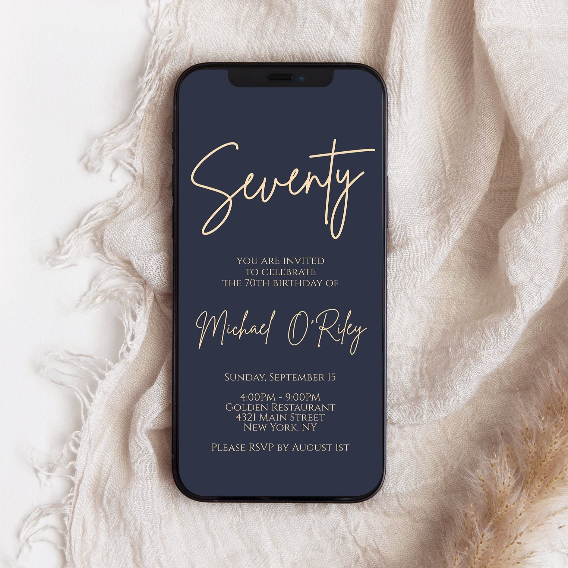 Navy Gold 70th BIRTHDAY Electronic Invitation Evite, Phone text message invite, Editable Template, Seventy, Digital Email Mens Invitation