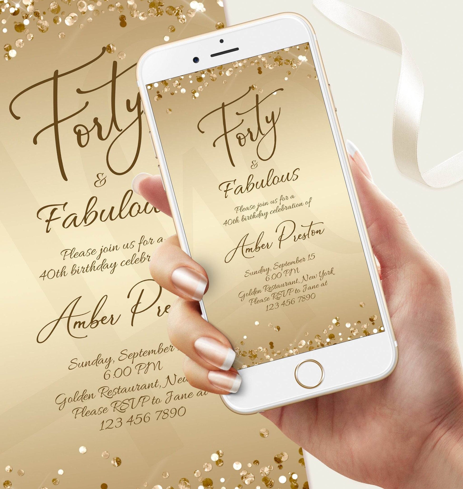 Digital Forty and Fabulous Dinner Party Invitation for Her – Editable Gold 40th Birthday Template | Electronic Ladies Evite | Instant Download