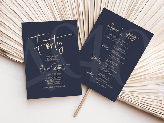Simple Navy 40th Forty Birthday Weekend Itinerary Template, Editable Birthday Weekend Invite, Printable Blue Minimalist Weekend Itinerary