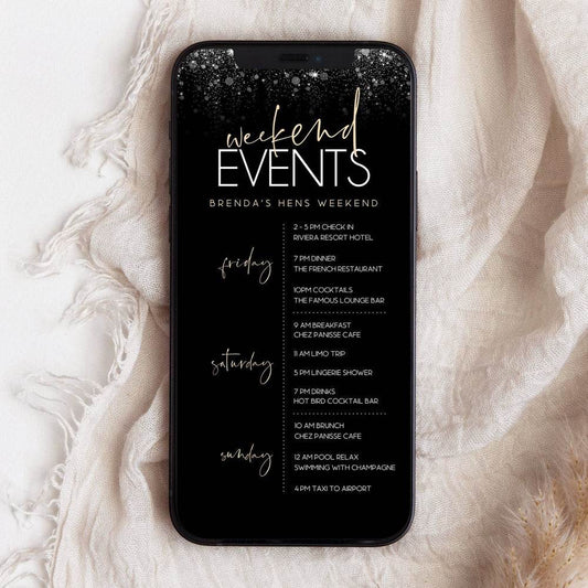 Digital Luxury Hens Weekend Itinerary Template – Editable Black & Gold Bachelorette Weekend Schedule | Phone Text Message Template | Instant Download