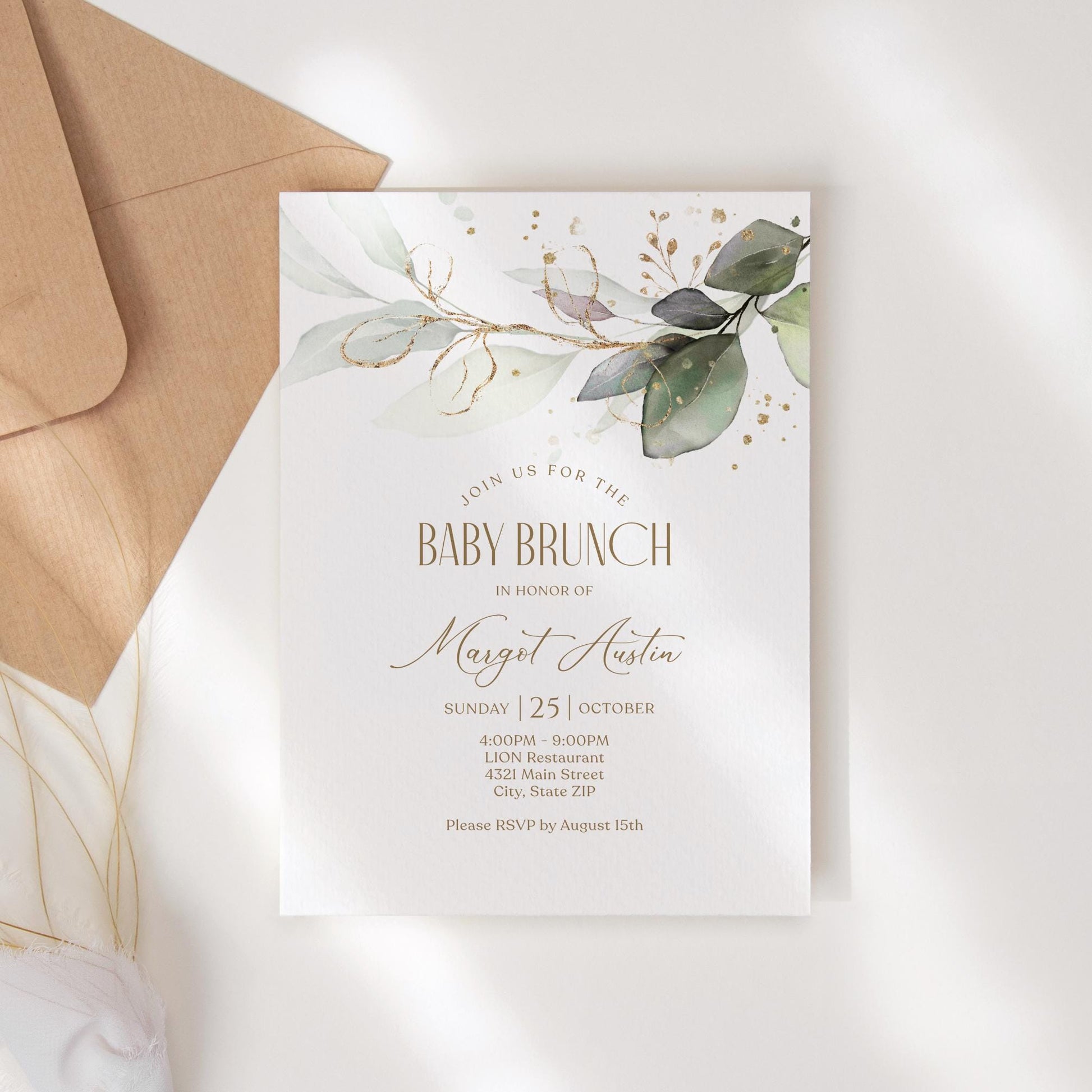 Editable Baby Shower Brunch Invitation Card Template, Greenery Baby Brunch Invite, Printable Baby Brunch Evite, Greenery Leaves Invitation