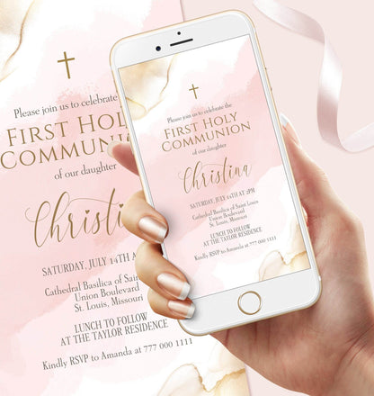 Girl First Communion Invitation, Digital Pink First Holy Communion Template, Editable Phone Text Message Evite, Custom Mobile Invite, Instant Download