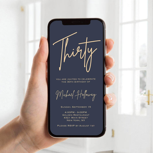 Navy Gold 30th Birthday Electronic Invitation, Editable Phone Text Message Evite, Digital Thirty Mens Birthday Invite, Instant Download Template