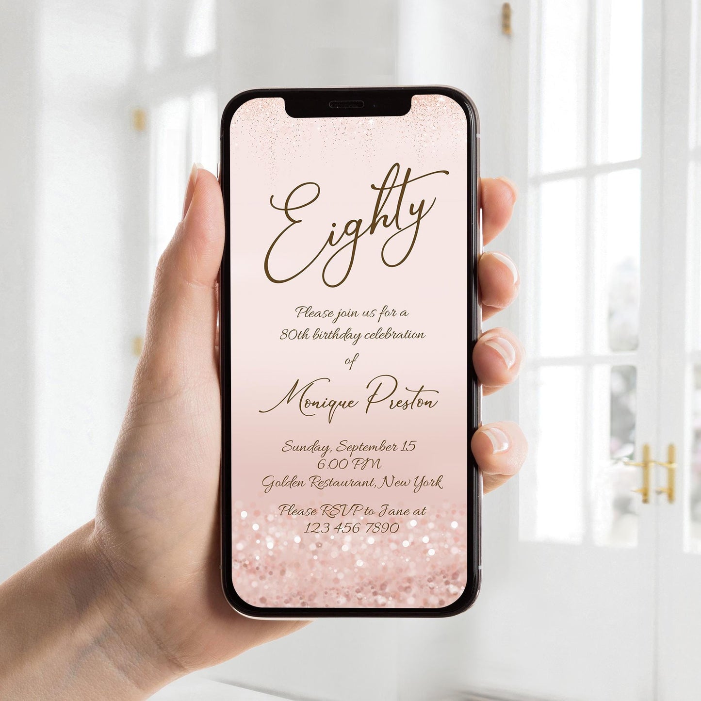 Digital Rose Gold 80th Eighty Invite template, Electronic Rose Gold Confetti editable 80th Birthday Text Message Evite, Phone invitation