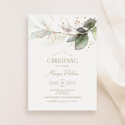 Printable Christening Invitation Card Template, Editable Greenery Eucalyptus Invite, Boy Girl Baptism Invitation, Digital Instant Download