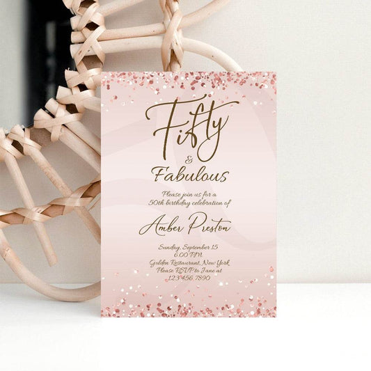 50th Birthday Invitation - Fifty & Fabulous | Editable Printable | Rose Gold 50th Birthday Invitation Template for Women's Surprise Party