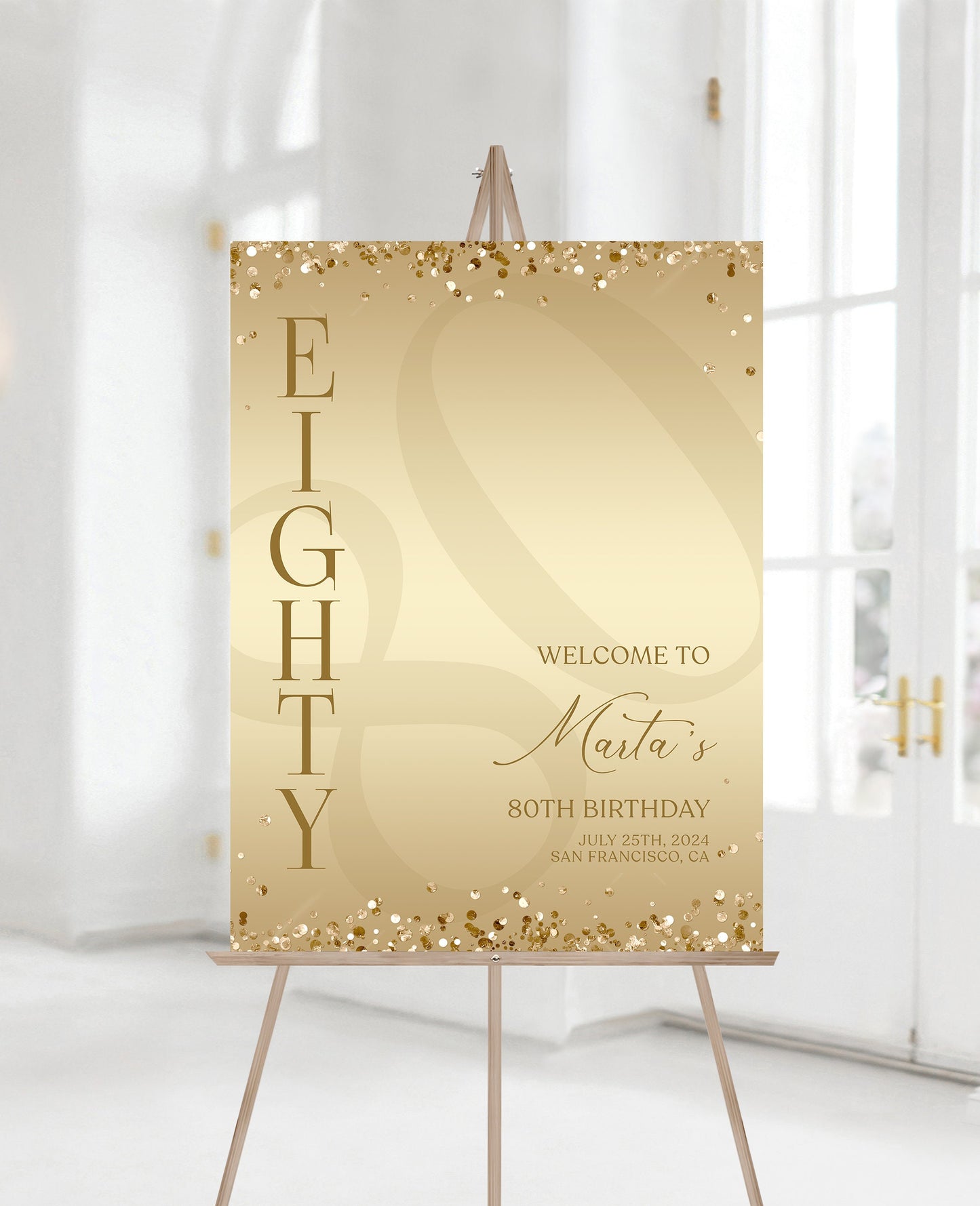 Gold Printable 80th Eighty Birthday Welcome Sign Template, Gold Editable Welcome Sign Poster, Luxury Birthday Decorations, DIY Elegant Board