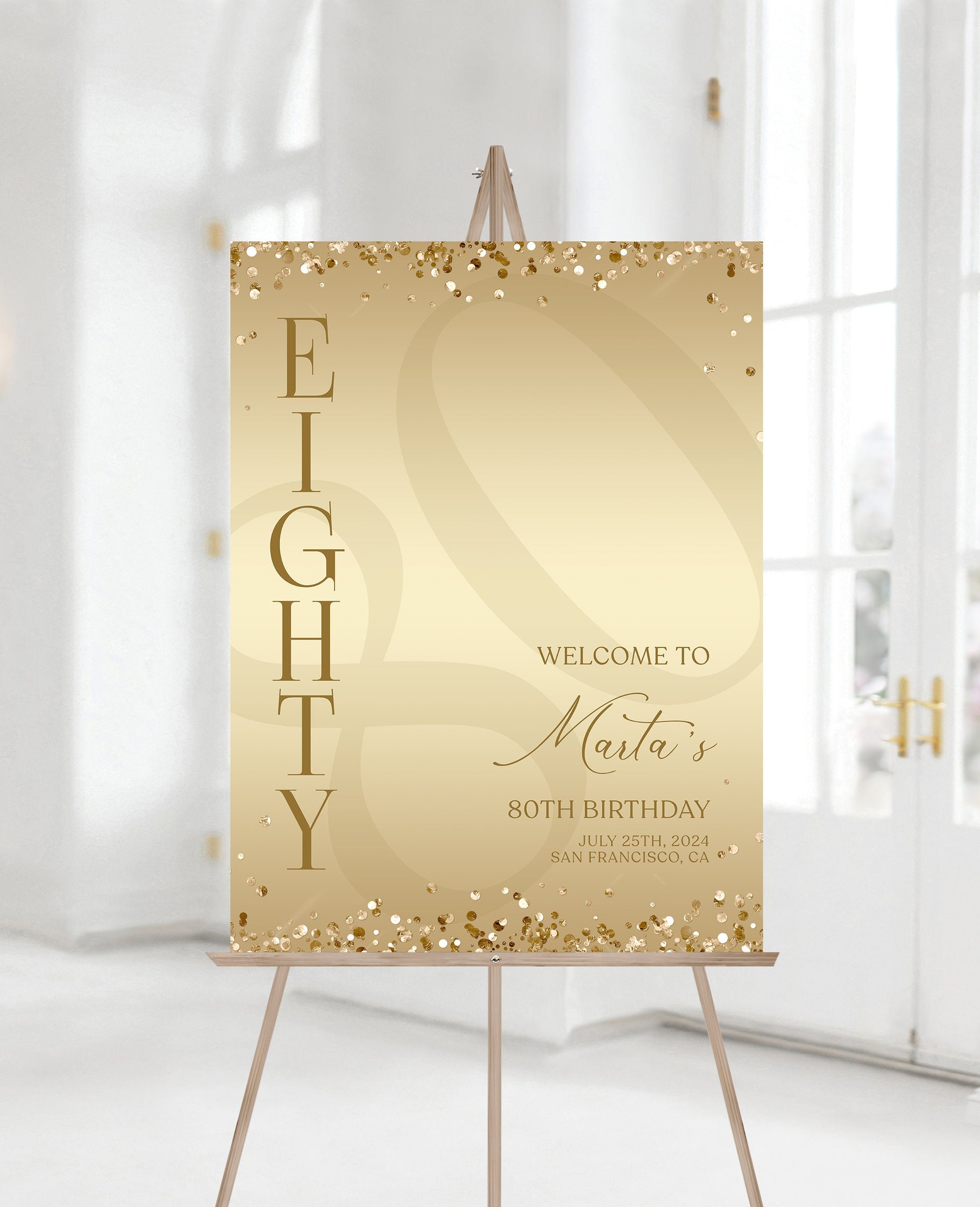 Gold Printable 80th Eighty Birthday Welcome Sign Template, Gold Editable Welcome Sign Poster, Luxury Birthday Decorations, DIY Elegant Board