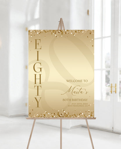 Gold Printable 80th Eighty Birthday Welcome Sign Template, Gold Editable Welcome Sign Poster, Luxury Birthday Decorations, DIY Elegant Board