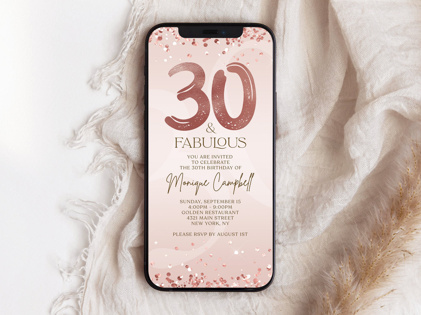 Digital Thirty and Fabulous Dinner Party Invite, 30th Birthday Invitation, Editable Rose Gold Ladies Evite, Electronic Text Message Evite