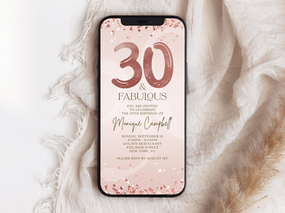 Digital Thirty and Fabulous Dinner Party Invite, 30th Birthday Invitation, Editable Rose Gold Ladies Evite, Electronic Text Message Evite