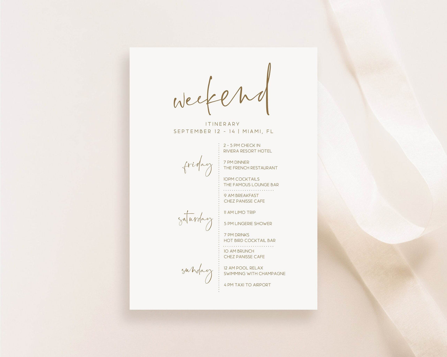 Printable Itinerary Template, Editable Hens Party Weekend Itinerary, Bachelorette, Simple Birthday Weekend, Elegant Itinerary, Minimalist