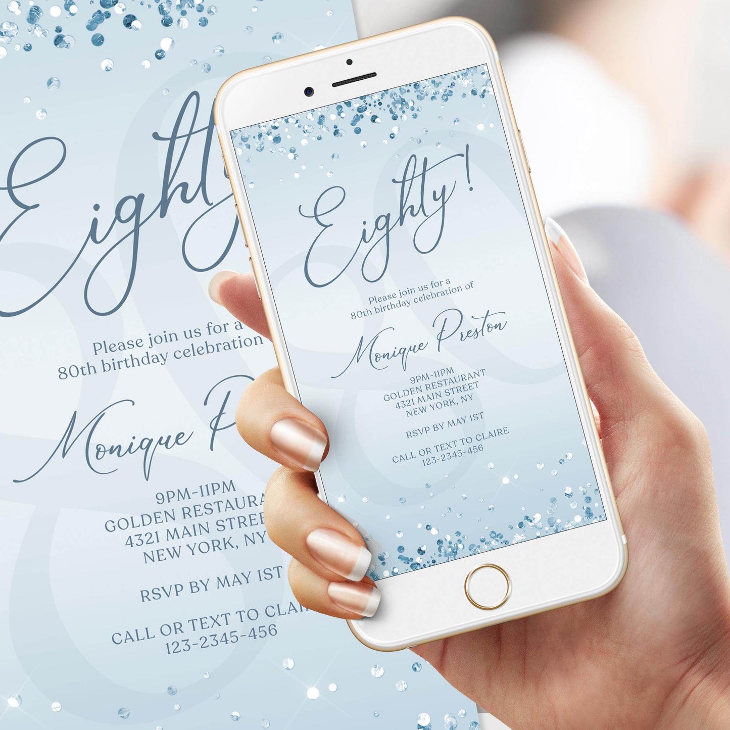 Electronic Blue Silver 80th Birthday Invitation Template – Editable Mobile Evite | Phone Digital Invite | Email Text Message | Instant Download